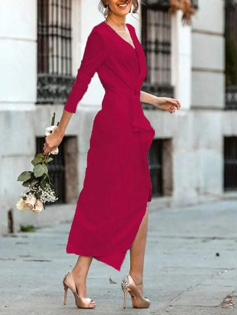 Elegant V-Neck A Long Sleeve Midi Dress