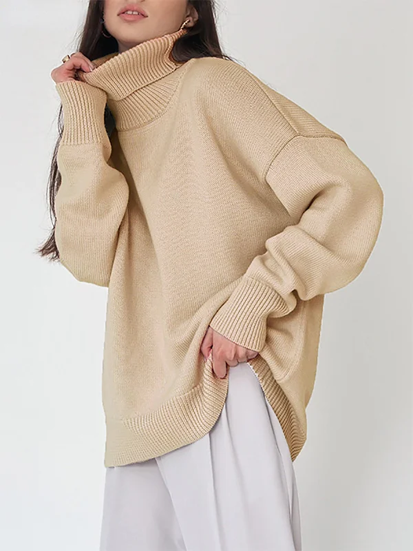 Solid Color Loose Long Sleeves High Neck Sweater Tops Pullovers Knitwear