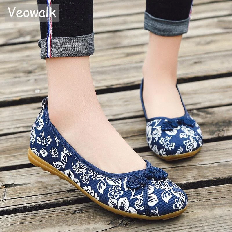 Veowalk Chinese Knot Women Floral Fabric Ballet Flats Spring Summer Vintage Ladies Comfort Slip on Canvas Ballerinas Shoes