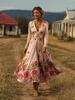 Vintage Boho Roses Print V Neck Flowy Linen Maxi Dress