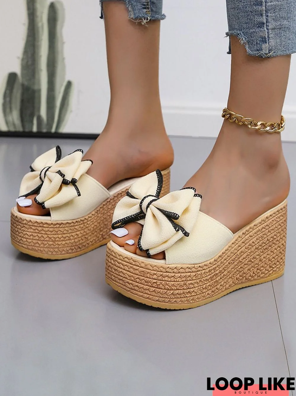 Fish Mouth Open Toe Bow Knot Wedge Sandals and Slippers