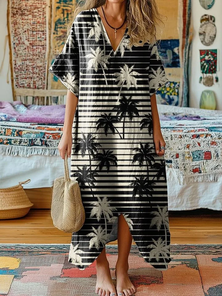 Women's Black And White Coconut Tree Art Print V-Neck Cotton Short Sleeve Dress