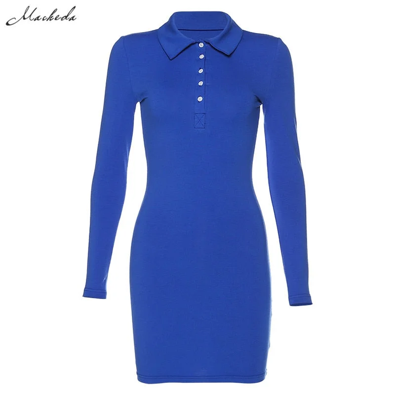 Shestyle Fashion POLO Collar Blue Dress Women Slim Sheath Button Long Sleeve Black Mini Solid Dress Lady Outfit Spring New