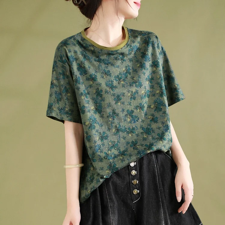 Women Summer Floral Cotton Casual T-Shirt