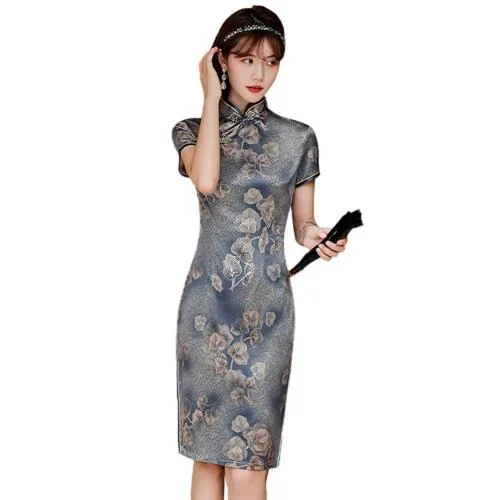 Women Short Sleeve Floral Print Slit Hem Brocade Chinese Cheongsam Midi Dress
