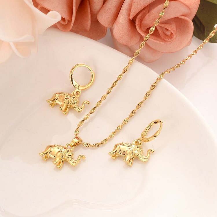 24k cute African EthiopiaNecklace Jewelry sets GoldOrigami Elephant Necklace earrins Lucky Pendant