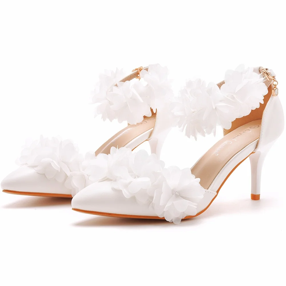 Breakj Breakj Cm White Flowers High Heel Sharp Sandals One Word Wristband Bride Hollow Fine Tip Head Wedding Dress Sandals