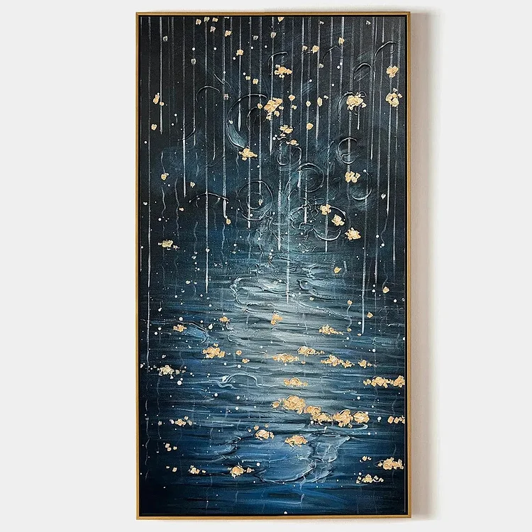 GOLDEN FALLS: Abstract Waterfall Painting, Blue and Gold, Vertical Canvas, Modern Wall Art（Canvas painting）