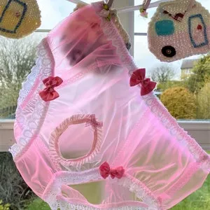 pornhint Pornhint Sissy pink & clear pvc panties with hole knickers waterproof plastic lace bows see through adult baby fetish