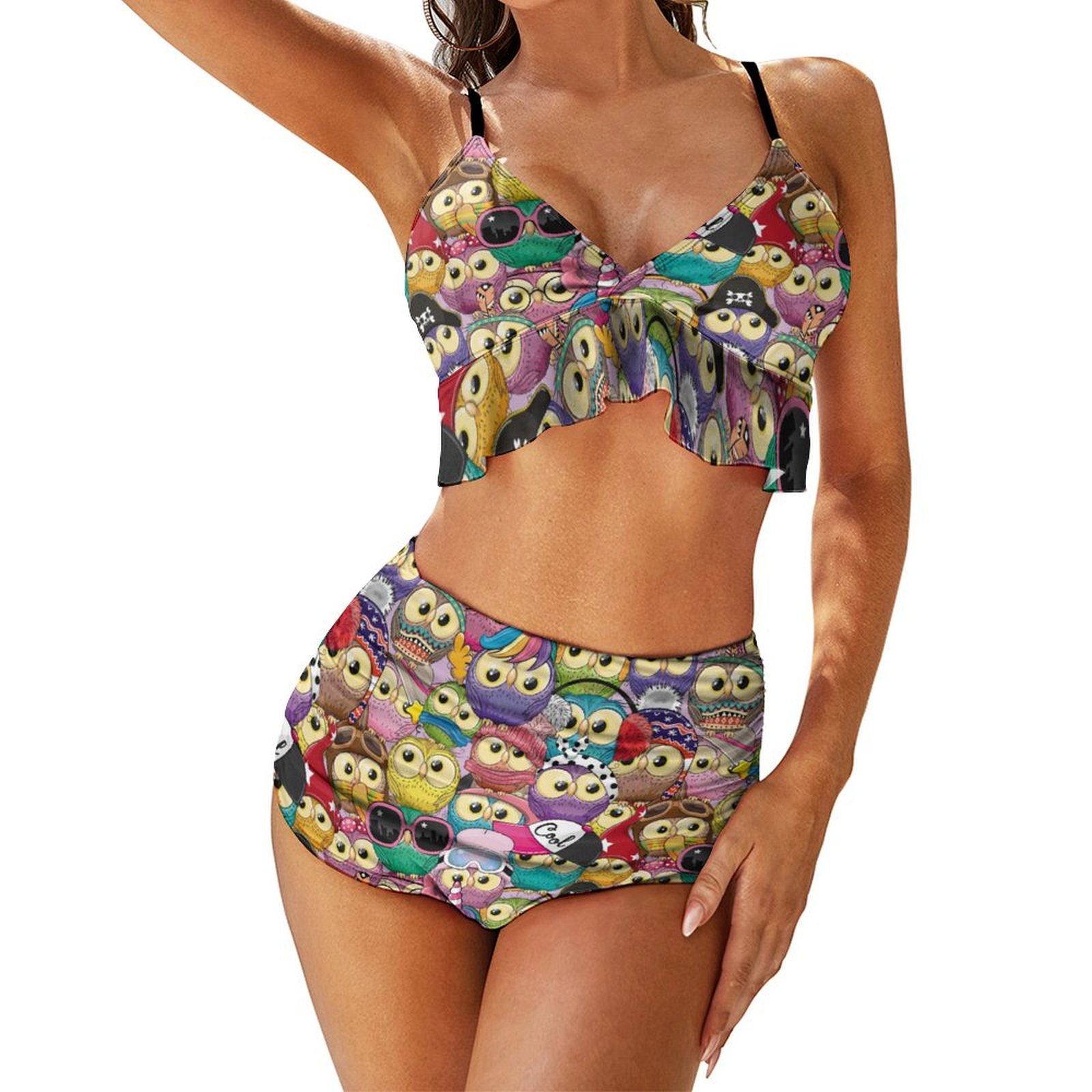 Women's Owl High Waisted Pleated Ruffle Bikini Sets