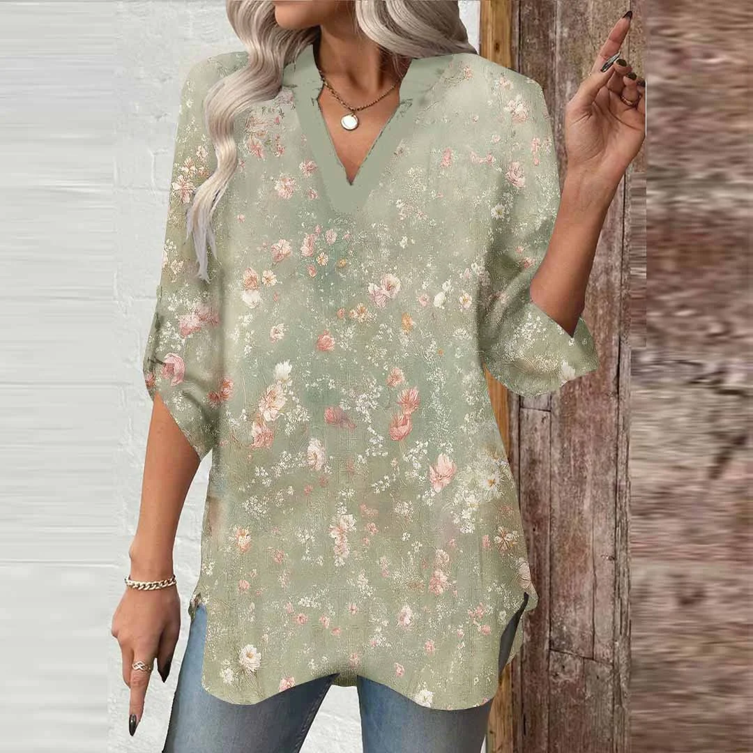 Women Floral, Yellow, Green DZGA0592 3/4 Sleeve V-neck Printed Graphic Button Tops