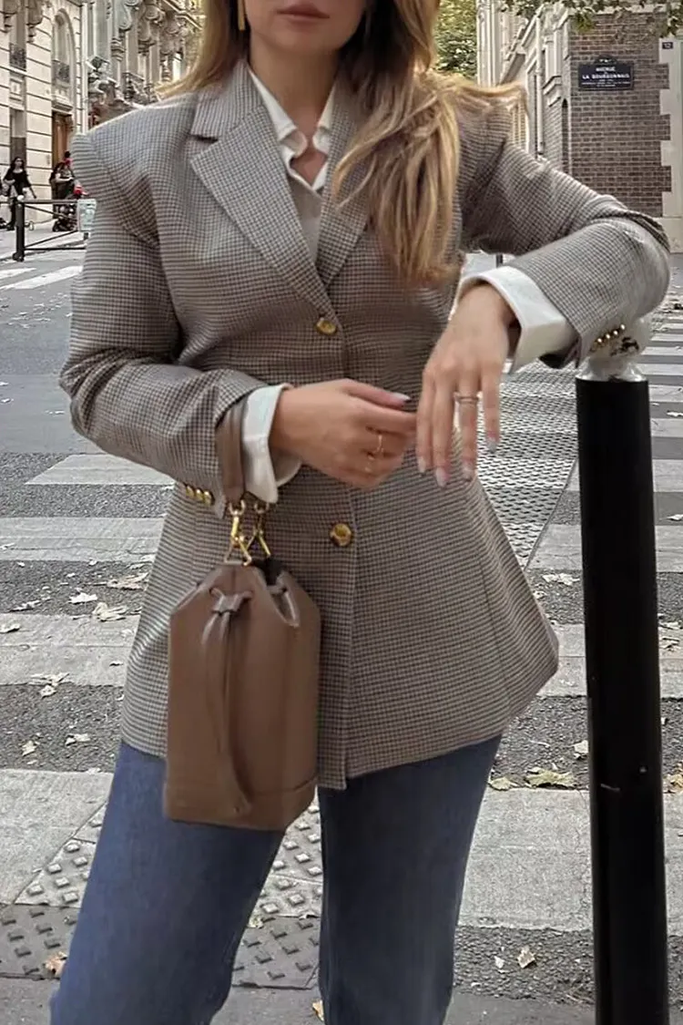 Casual Plaid Buttons Patchwork Contrast Turn-back Collar Outerwear