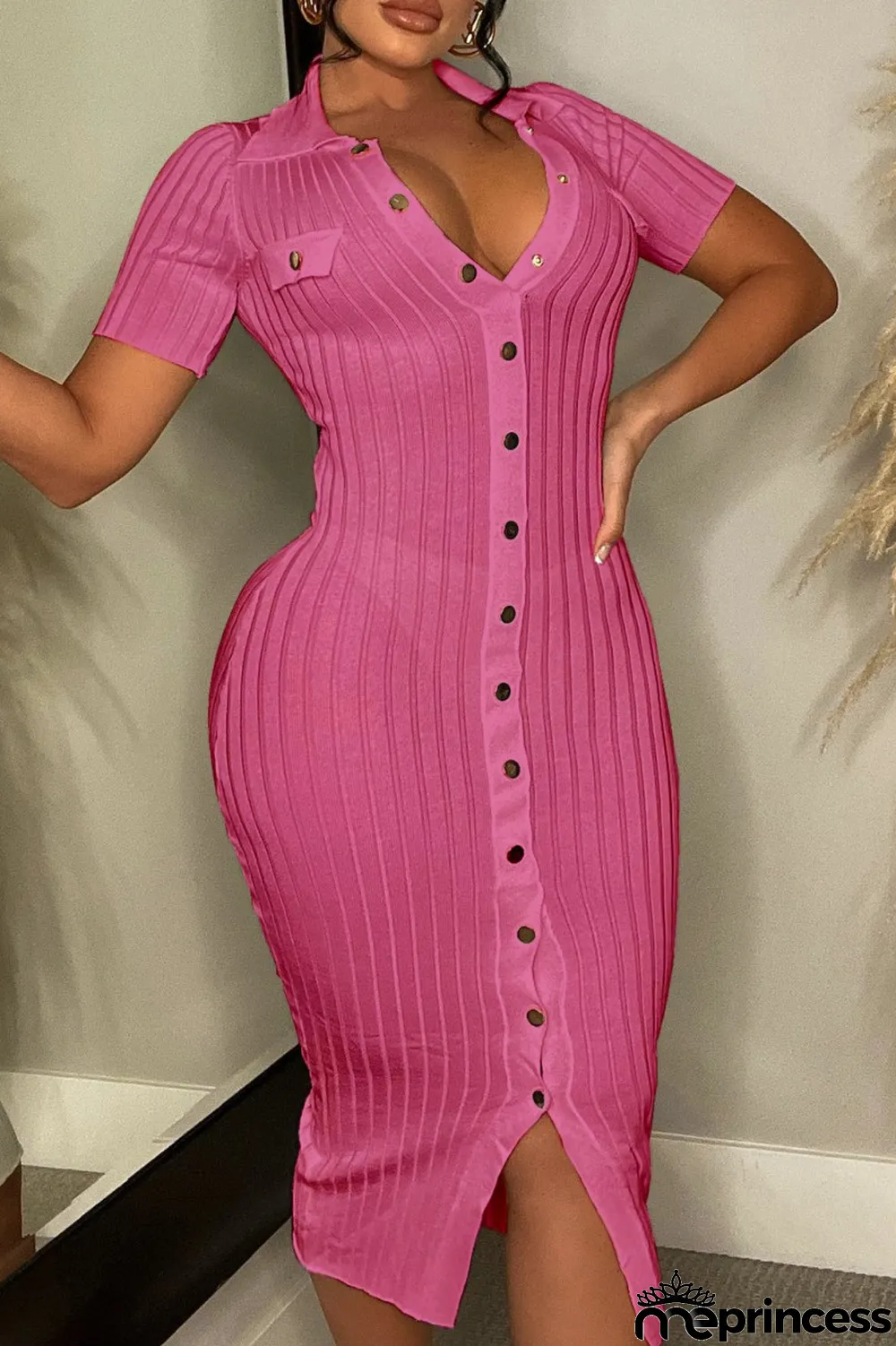 Khaki Casual Solid Patchwork Turndown Collar Short Sleeve Dress