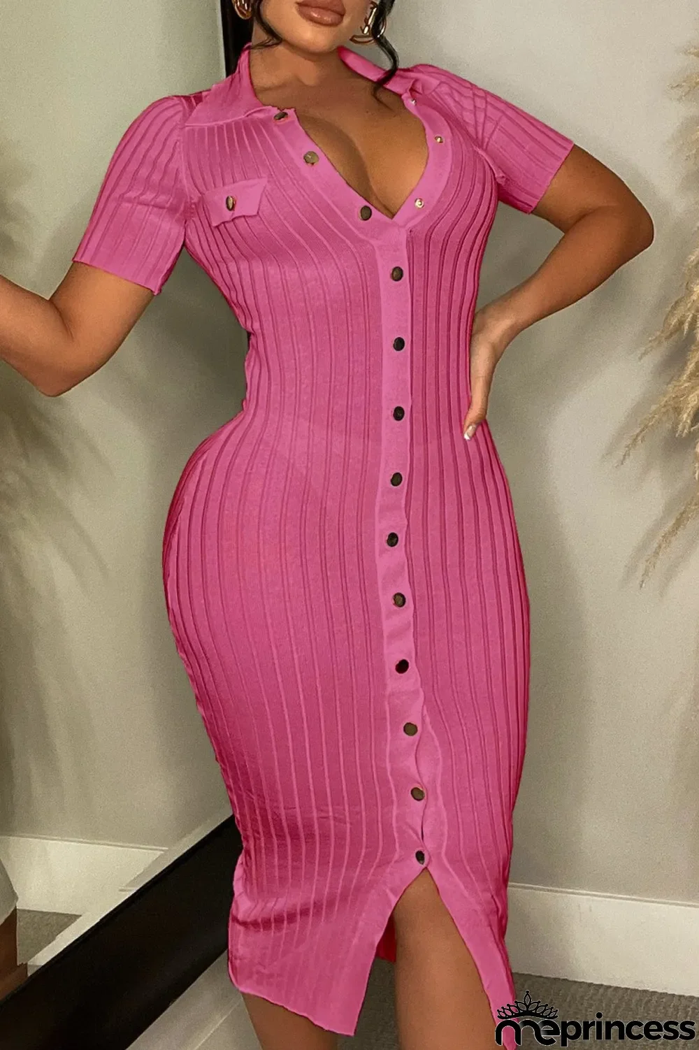 Khaki Casual Solid Patchwork Turndown Collar Short Sleeve Dress