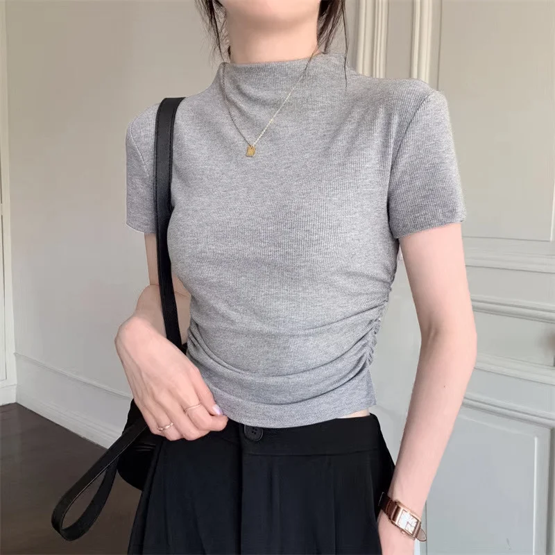 Brownm Brownm Collar Short-Sleeved T-Shirt Women's Summer 2024 New Bottom Shirt With Slim Short Student Pleated Top