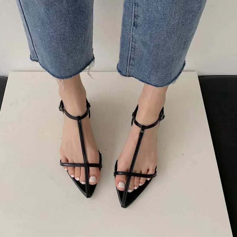 SUOJIALUN Fashion Narrow Band Women Sandals Flat Heel Back Strap Summer Gladiator Shoes Casual Pointed Toe Sandal Big Size 42