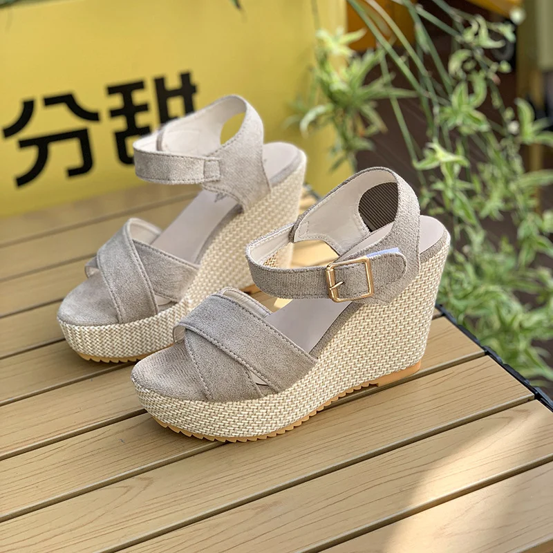 Yyvonne Buckle With Hemp Rope Comfortable Summer New Sloped Sandals Cross Fish Mouth Water Table High Heels Women's Shoes