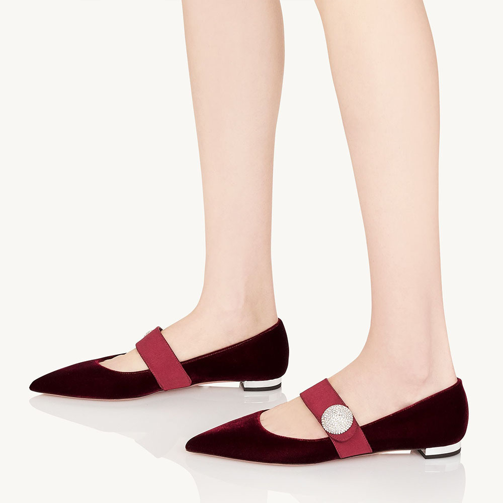 Maroon Velvet & Satin Pointed Toe Mary Jane Flats Nicepairs