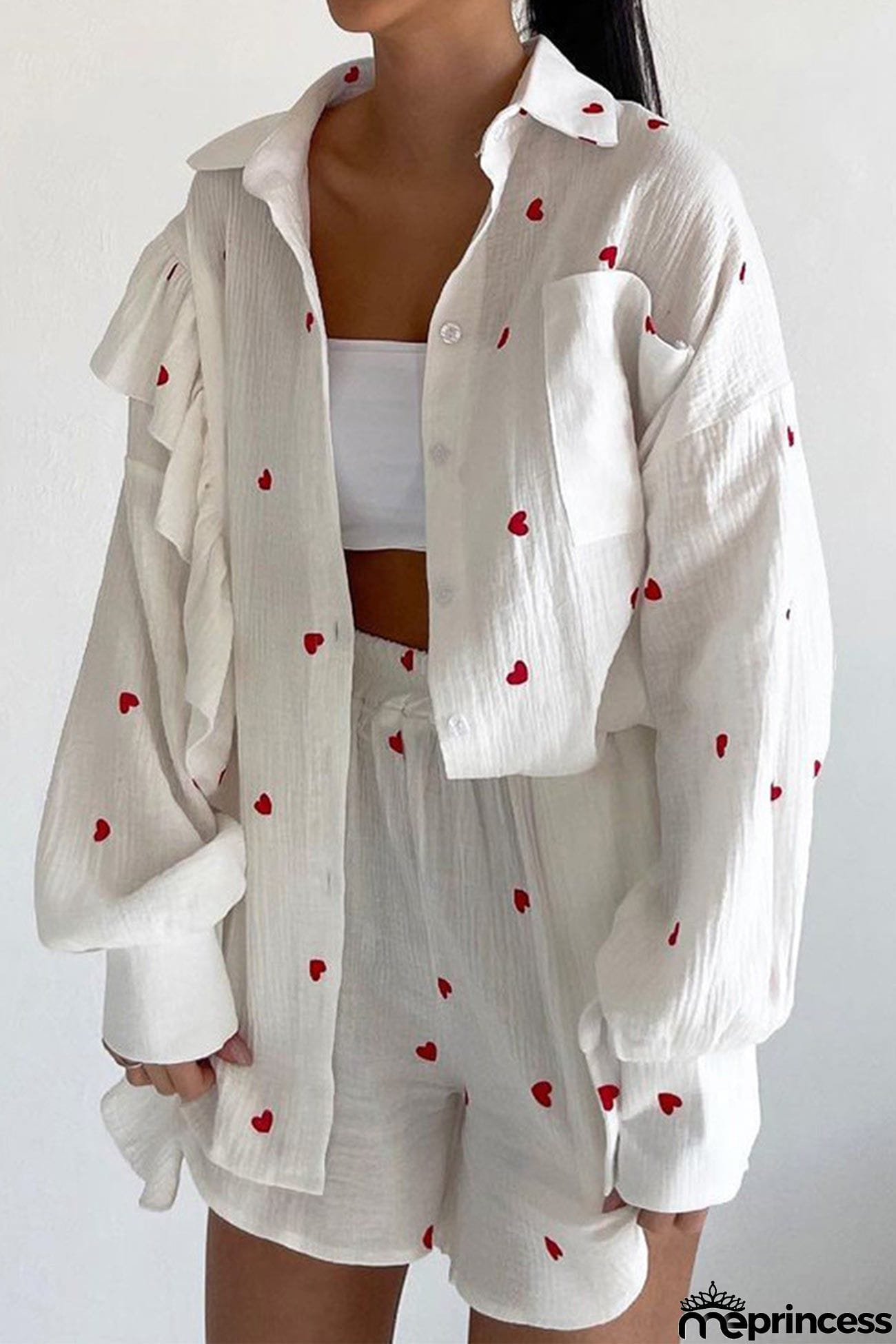 Heart Print Ruffle Long Sleeve Shirt Two Piece Shorts Set