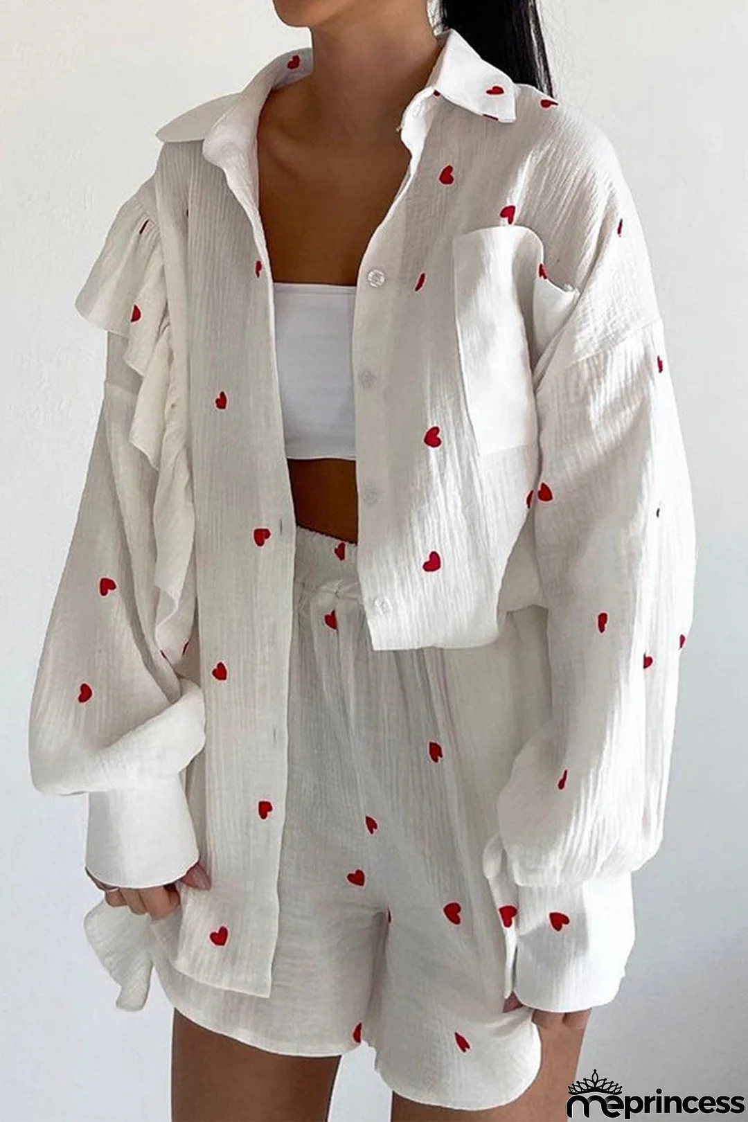 Heart Print Ruffle Long Sleeve Shirt Two Piece Shorts Set
