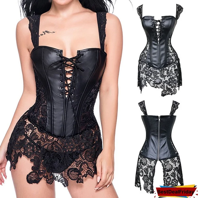 Lady Faux Leather Lace Up Costume Top Back Goth Christmas Fancy Dress