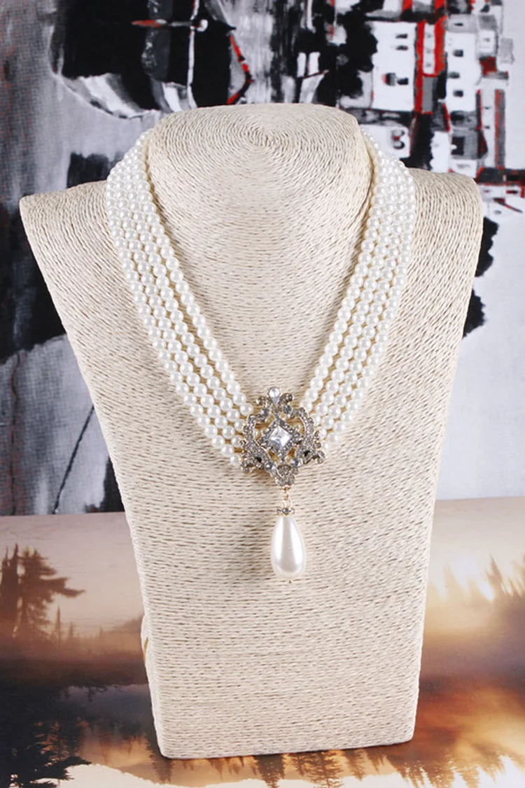 Men's Layered Pearl Beaded Rhinestone Pendant Necklace
