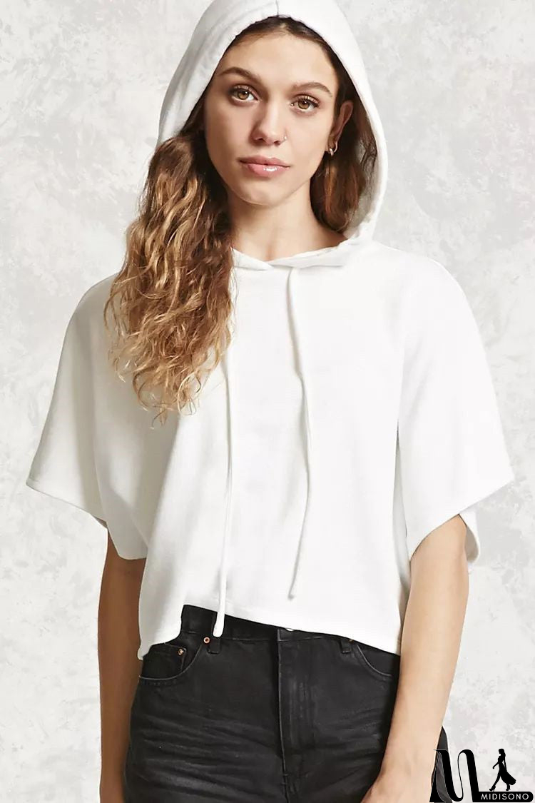 MidiSono - Solid Drawstring Hooded Sweatshirt With Short Sleeves