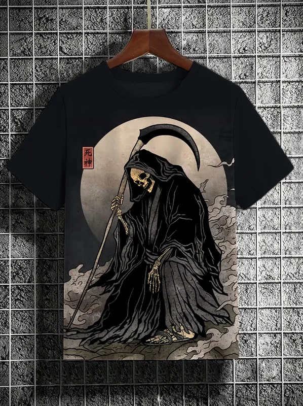 Men's Vintage Sickle Grim Reaper Skeleton Skull Print Tee