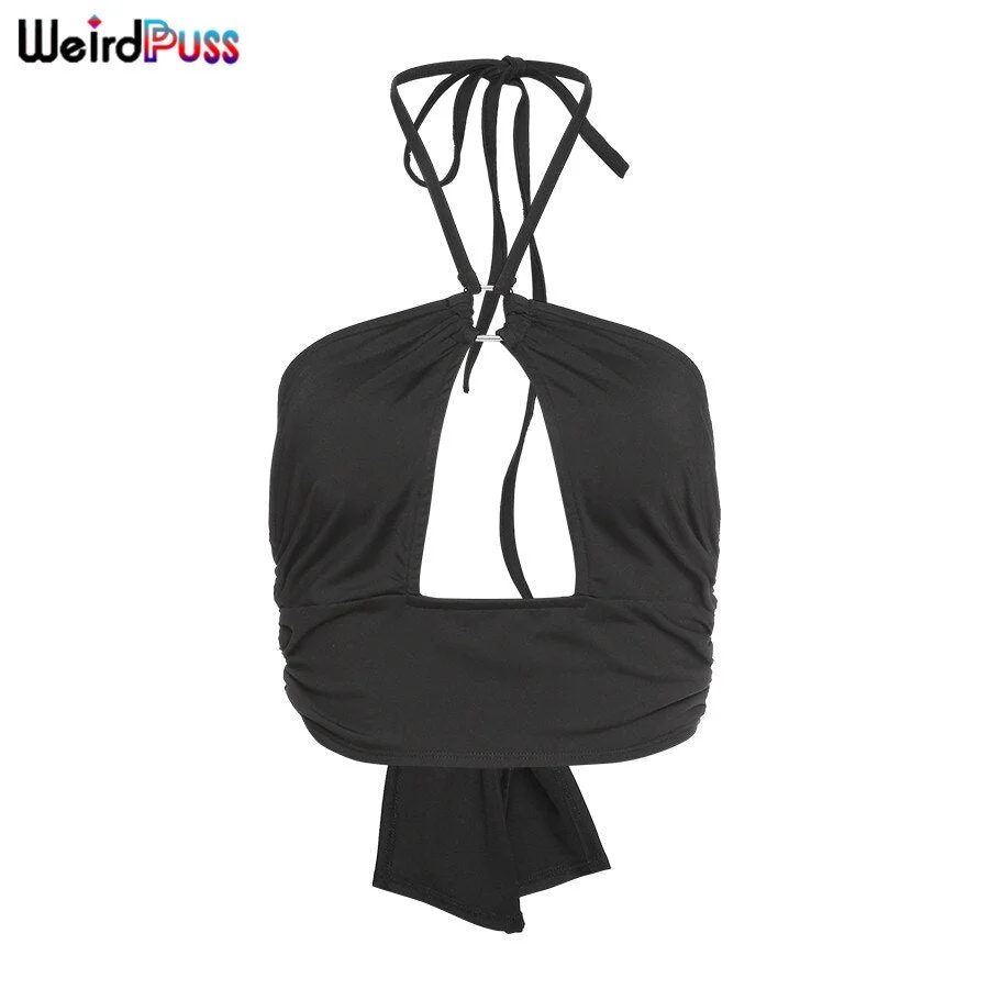 Weird Puss Hollow Out Sexy Women Halter Tank Top Backless Sleeveless Solid Camisole Summer Fashion Elastic Vest Party Clubwear