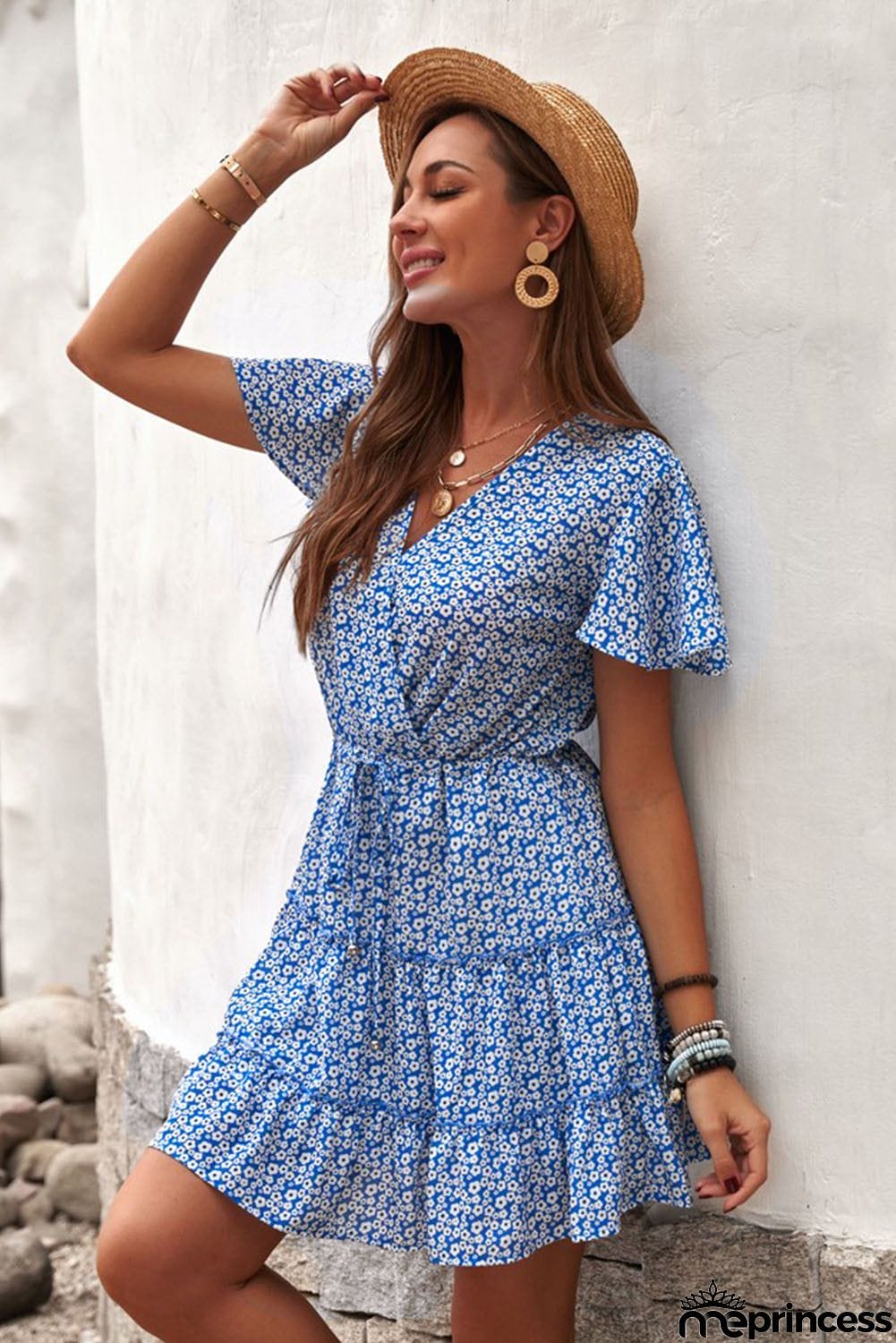 Cute Blue V Neck Short Sleeve Layered Ruffled Floral Dress