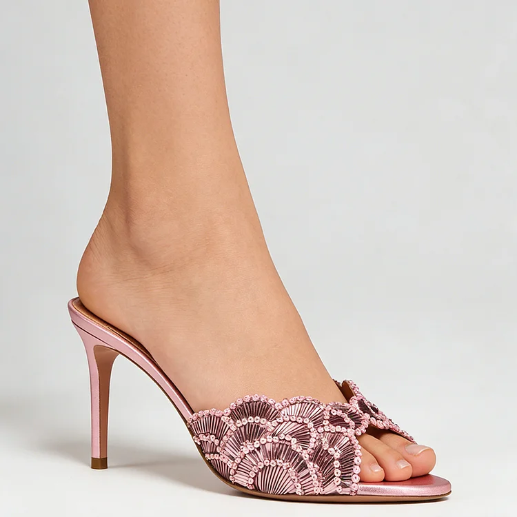 100mm/80mm Sequined Beaded Peep Toe High Heel Mules Heels Slip On Apricot Bottom Sandals VOCOSI VOCOSI