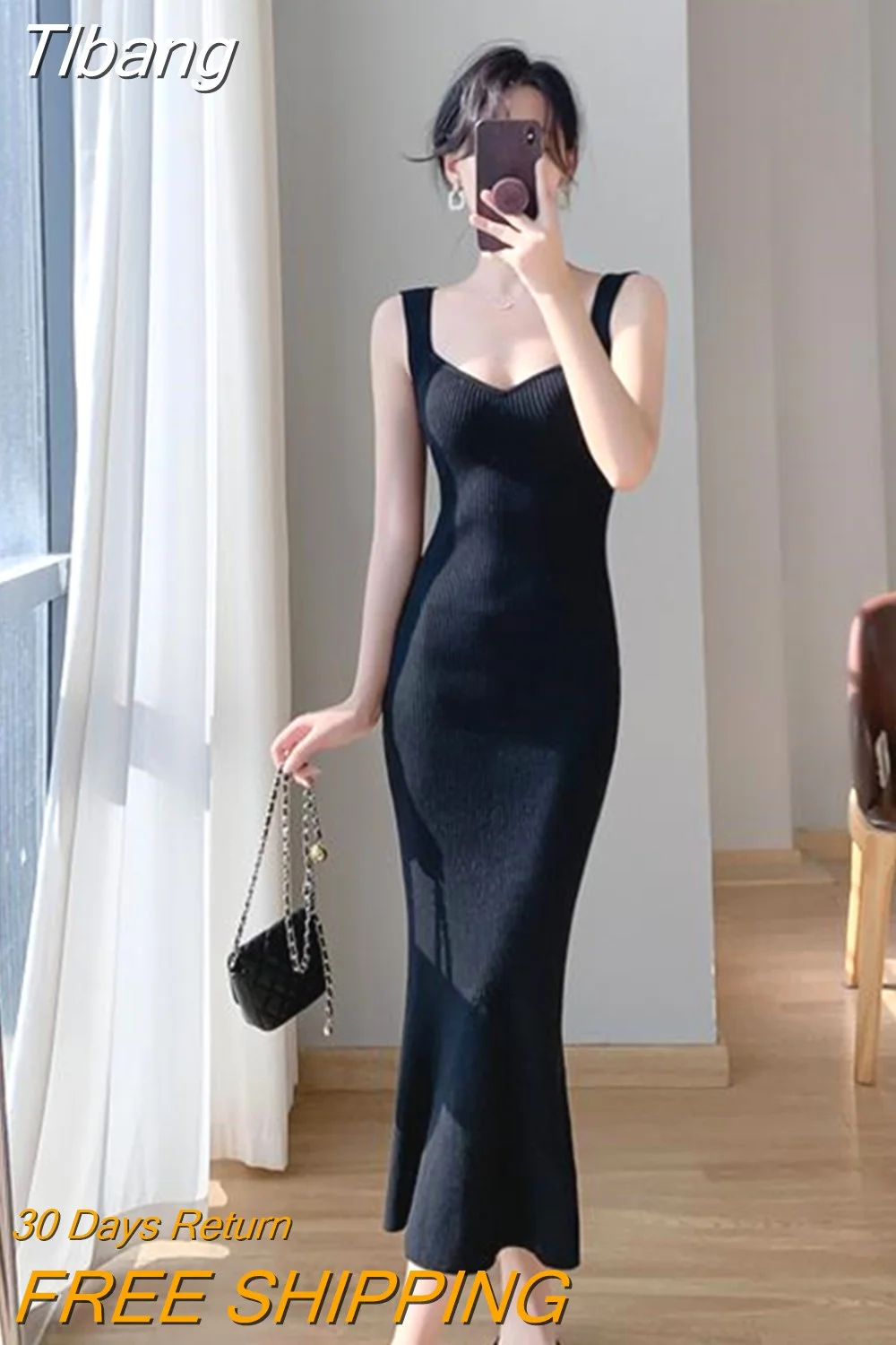 Tlbang Summer New Women White Elegant V-neck Knit Slip Long Dress French Black Sexy Club Slim Prom Evening Party Fishtail Dresses