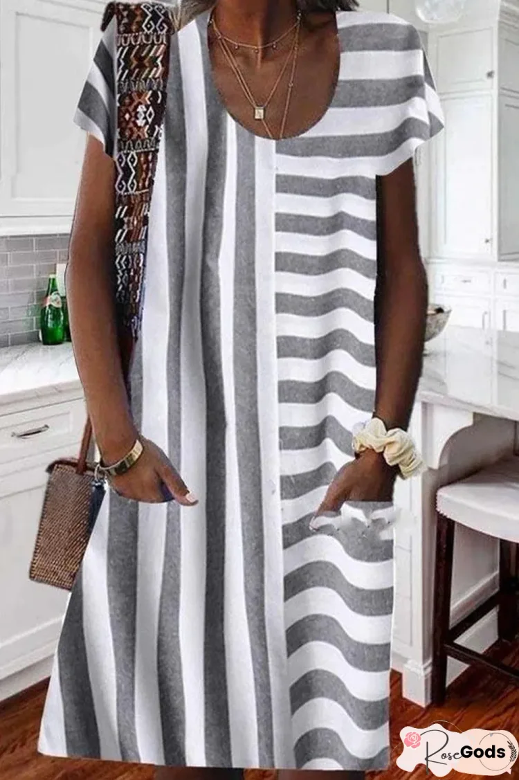 Paneled Striped Print Side Pockets Casual Midi Dress