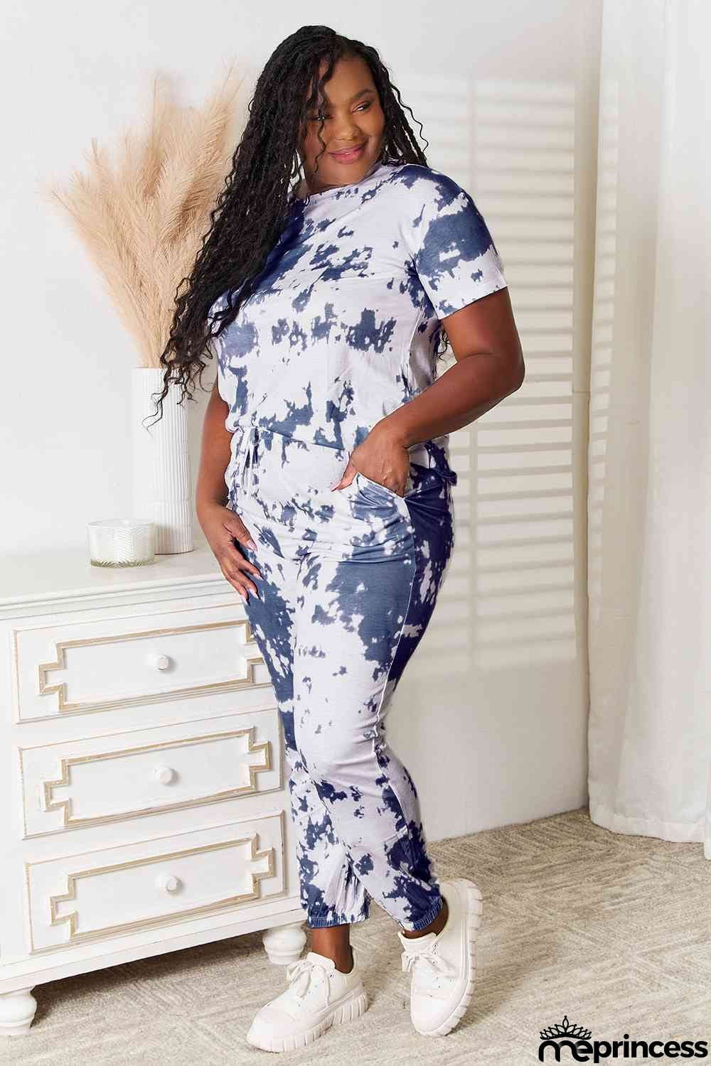 Double Take Tie-Dye Tee and Drawstring Waist Joggers Lounge Set