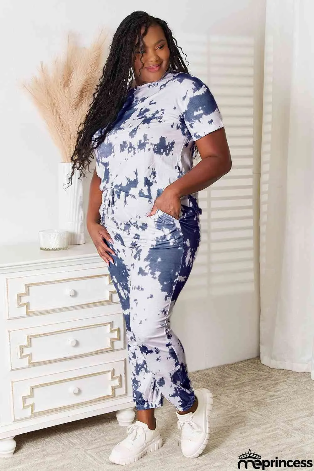 Double Take Tie-Dye Tee and Drawstring Waist Joggers Lounge Set
