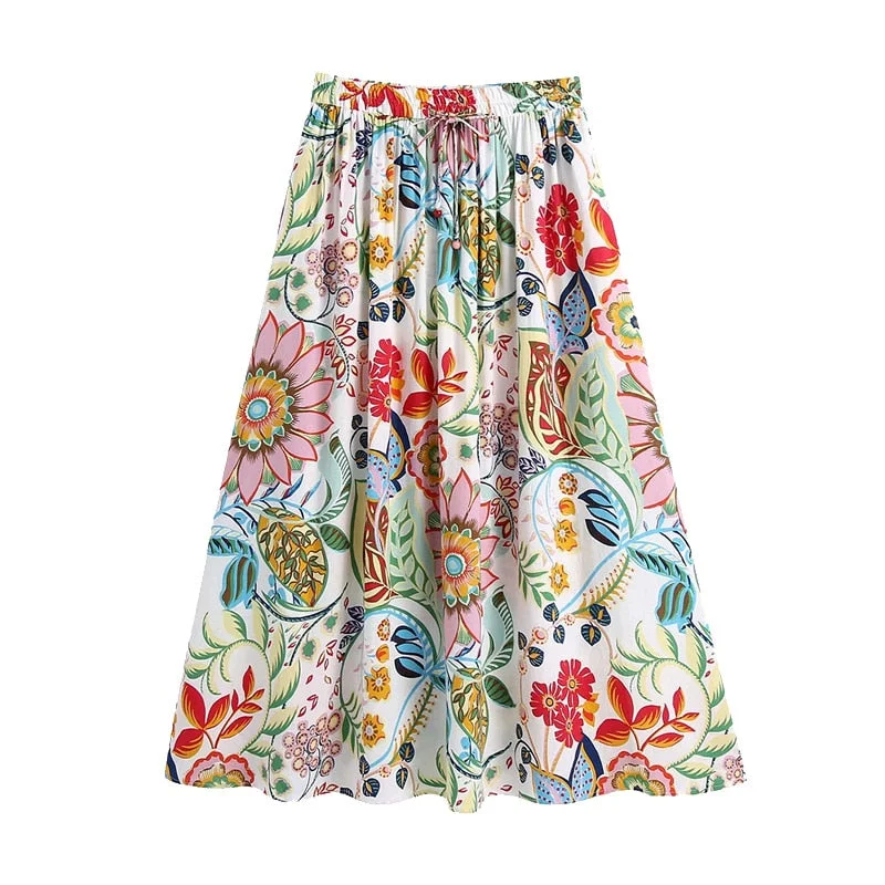 KPYTOMOA Women 2021 Fashion Floral Print Pleated Midi Skirt Vintage High Elastic Waist With Drawstring Female Skirts Mujer