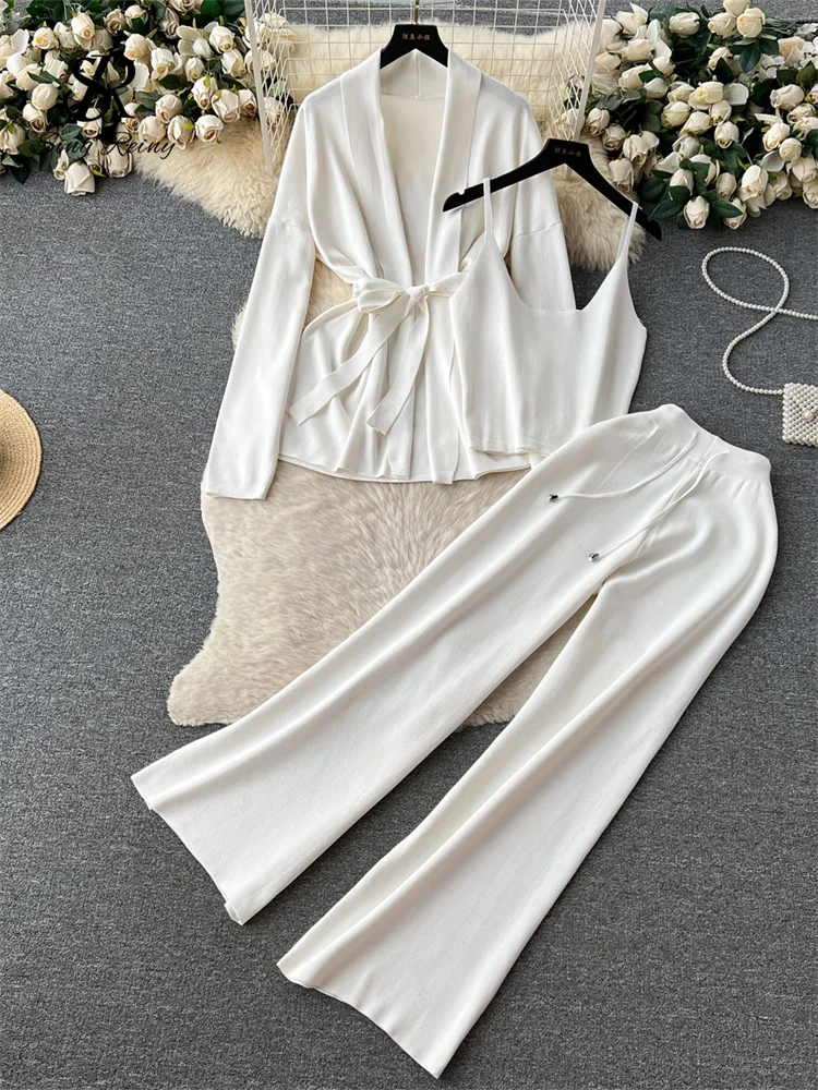 Huibahe Office Lady Three Pieces Suits Loose Belt Cardigan+Tank Tops+Drawstring Wide Legs Long Pants Autumn Fashion Solid Sets