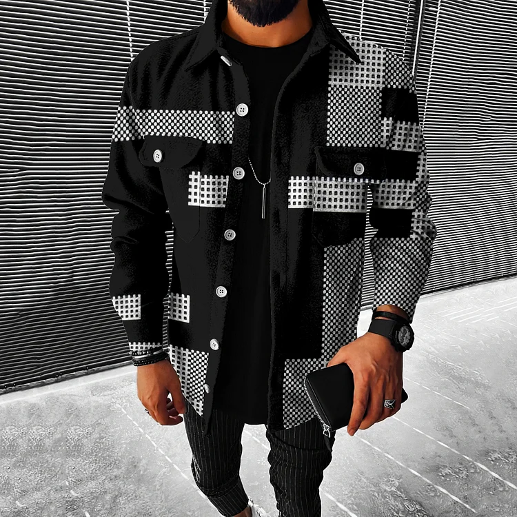 BrosWear Fashion Stitching Black Plaid Shirt Jacket