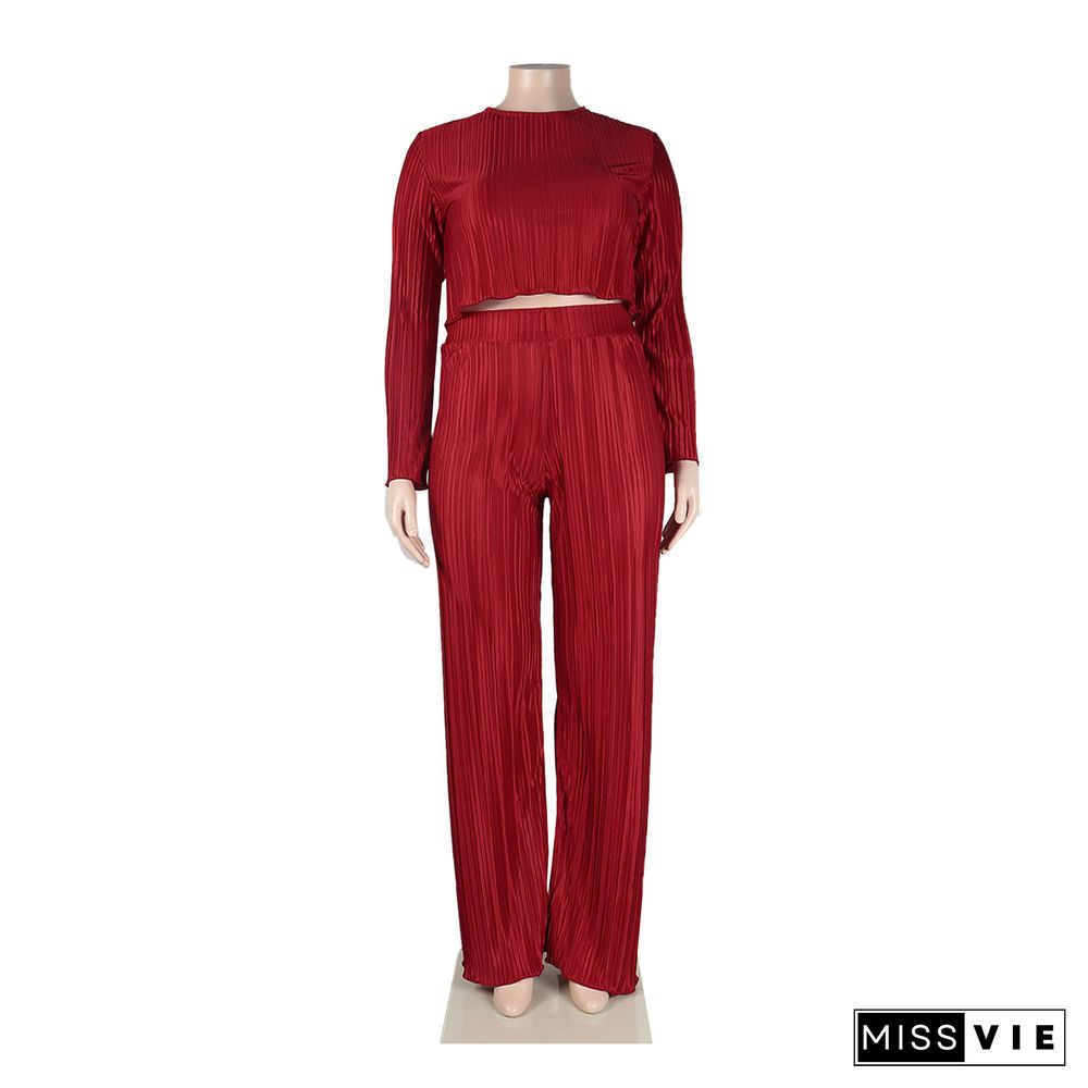 Pleated Loose Blouse Crop Top Wide Leg Pants Outfits