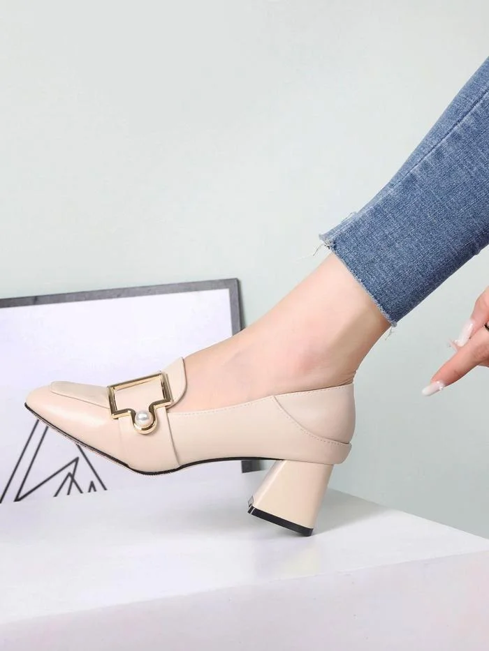 Season pearl buckle high-heeled thick heel popular two-wear shoes