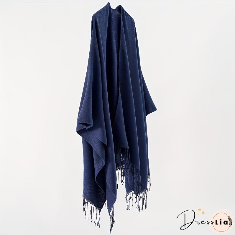 Solid Color Tassel Cardigan Poncho Simple Imitation Cashmere Open Front Large Shawl Women's Autumn Winter Outside Warm Coldproof Shawl Cape