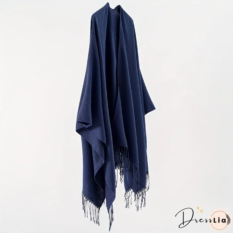 Solid Color Tassel Cardigan Poncho Simple Imitation Cashmere Open Front Large Shawl Women's Autumn Winter Outside Warm Coldproof Shawl Cape