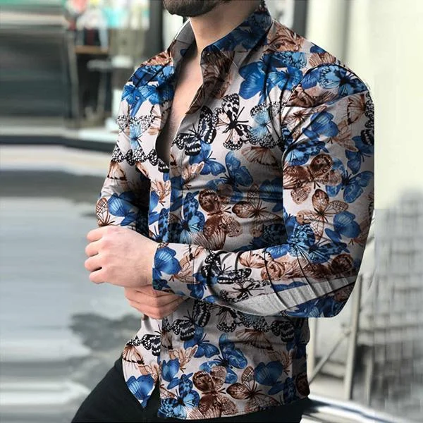 Men's Stylish Butterfly Printed Casual Slim Fit Long Sleeve Shirts