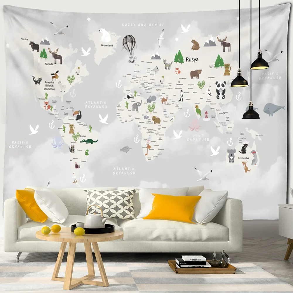 Nigikala Animals Distribution Map Tapestry Wall Hanging Simple Style Cute Hippie Children Kawaii Room Home Decor