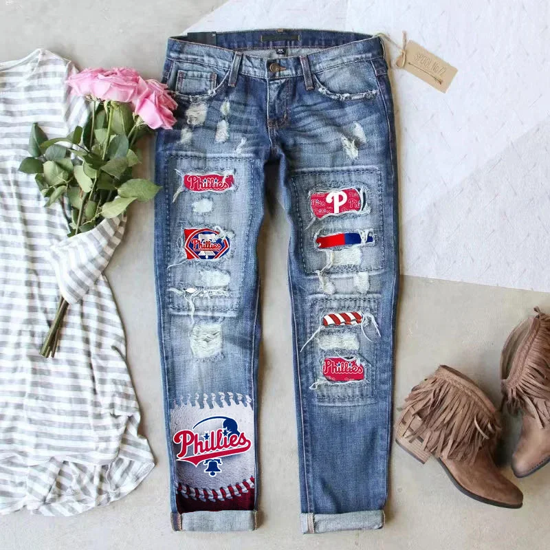 STRETCH RIPPED FRAYED RAW HEM DISTRESSED DENIM JEANS WITH HOLE