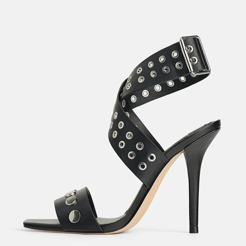 TAAFO Black Ankle Wrap Rivets High Stilettos Sandals Woman Thin Heels Buckle Strap For Ladies Party 