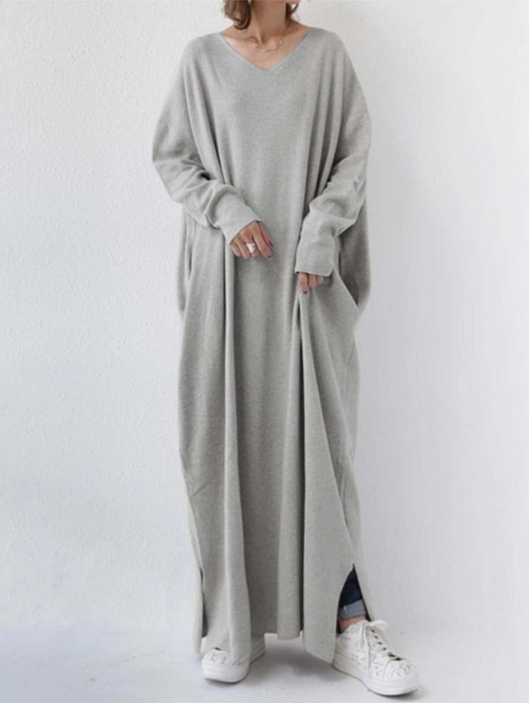 Solid V Neck Long Sleeve Slit Hem Pocket Maxi Dress