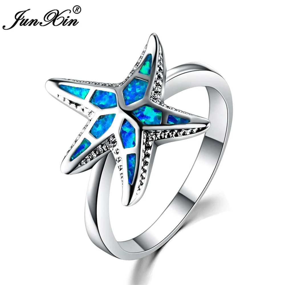 JUNXIN Male Female Blue Fire Opal Stone Ring Fashion Starfish Animal Ring Promise Wedding Engagement Rings For Men And Women