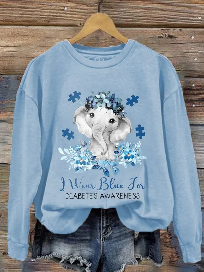 Women's I Wear Blue For Diabetes Awareness Elephant Flower Tree Print Sweatshirt