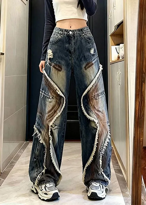 denim wide-leg casual patchwork python pants | wide... Chic Blue Tasseled Pockets Patchwork Denim Wide Leg Pants Spring